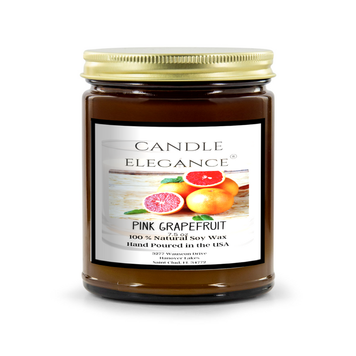 Get cozy with our Pink Grapefruit 7.5 candle, made in the USA with 100% soy wax and a sweet and tangy citrus fusion. Enjoy 50-60 hours of burning with this safe, all-natural treat, topped off with a shiny gold lid. Breathe easy knowing our cotton wick is chemical and lead-free. This Amber Glass Jar is perfect for your home and can even be reused for beauty products or crafts.