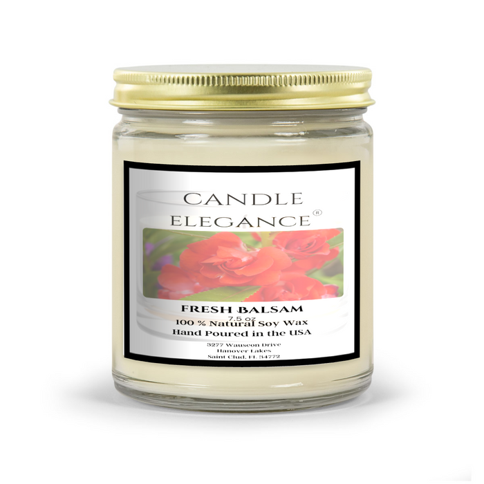 Made with 100% natural soy wax, Fresh Balsam candles have a gold lid and a blend of balsam, eucalyptus, fir, and cedarwood. Soy Candles by Candle Elegance ®