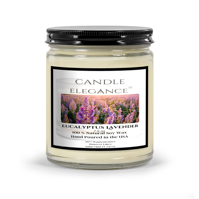 Rejuvenate with our Eucalyptus Lavender soy candles by Candle elegance ® - natural, calming, and perfect for gifting. Average burn time 50-60 hours. No toxins or lead. Comes with a black gloss lid.