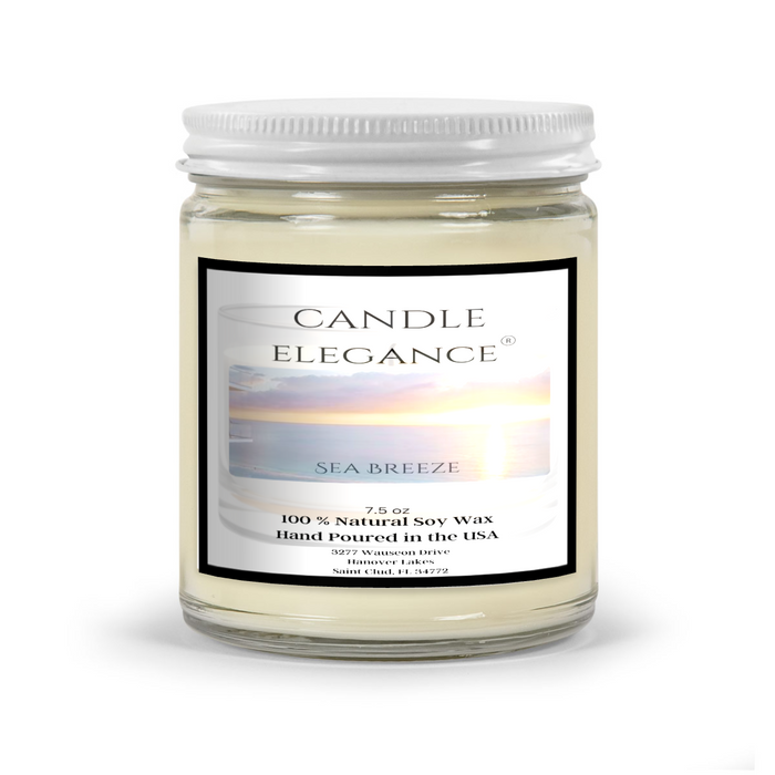 Fragrances: Sea Breeze combines citrus, lavender, cedarwood, jasmine petals, patchouli, crushed rosemary, and oakmoss. Made in the USA using 100% natural soy wax blend, labeled and shipped on demand.