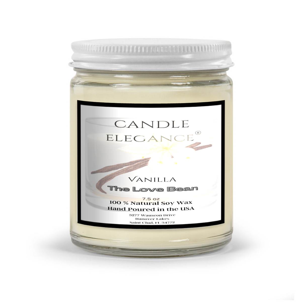 The Love Bean includes the white lid. Vanilla Bean A delight of rich vanilla bean introduced with warm undertones of tonka bean & whipped cocoa. Our candles are created in the USA. 100% natural soy wax blend. Candles are labeled and shipped on demand. Average burn time 50-60 hours 100% cotton wick Non-toxic. Contains no lead, plastics, parabens synthetic dyes, or phthalates