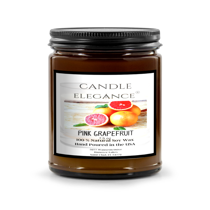 The Pink Grapefruit Soy Candle, featuring a succulent pink grapefruit and a perfectly balanced blend of citron. These handcrafted candles are made in the USA using a non-toxic soy wax blend that contains no lead, plastics, parabens, synthetic dyes, or phthalates. A sleek black matte lid completes the package. Choose more scented soy candle at Candle Elegance ®