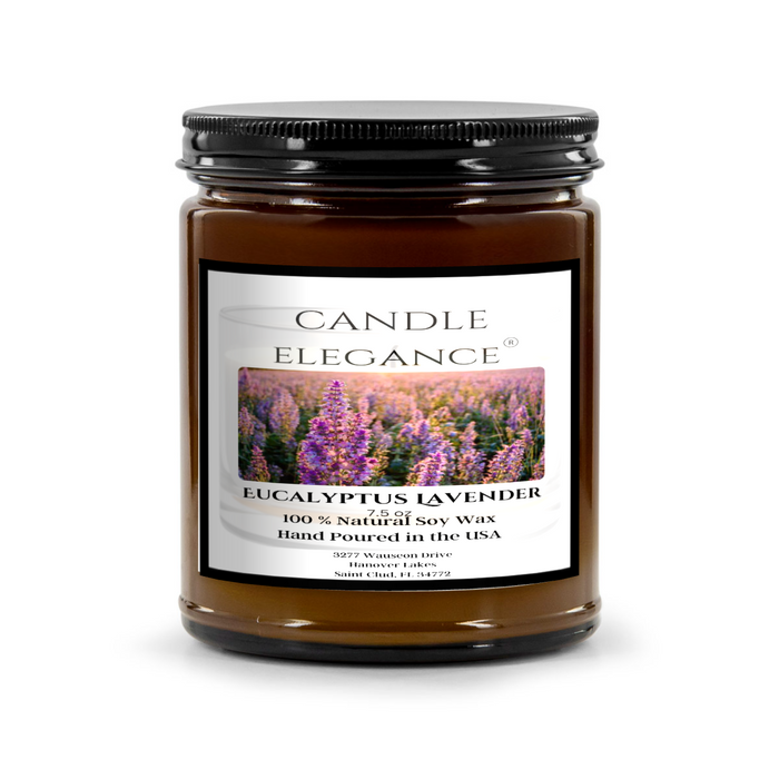 Eucalyptus Lavender soy candle by Candle elegance. Made with natural soy blend ingredients, this candle offers 50-60 hours of burn time and a 100% cotton wick. Perfect for gifting or creating a tranquil atmosphere, it brings a touch of nature and relaxation to any space. Breathe clean and feel rejuvenated.