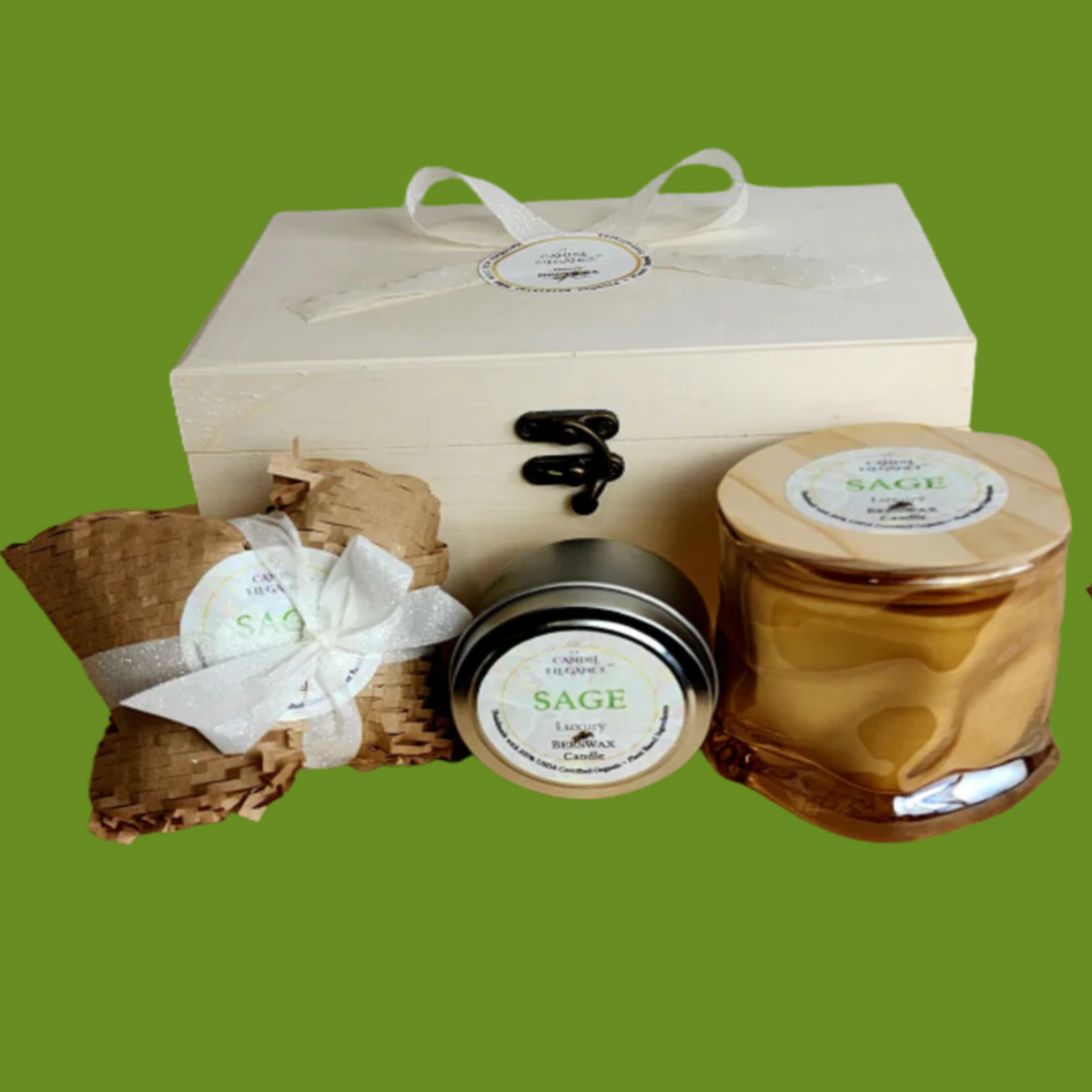 Candle Elegance Sage Trio Gift Box includes 4 ox metal tin, with lid 4 oz melts and an 8 oz orb vessel with ornate bamboo lid. Made with 100% USDA Certified Organic Beeswax. This candle combines the calming style and scent of sage in an orb jar topped with an ornate and sustainable bamboo lid.