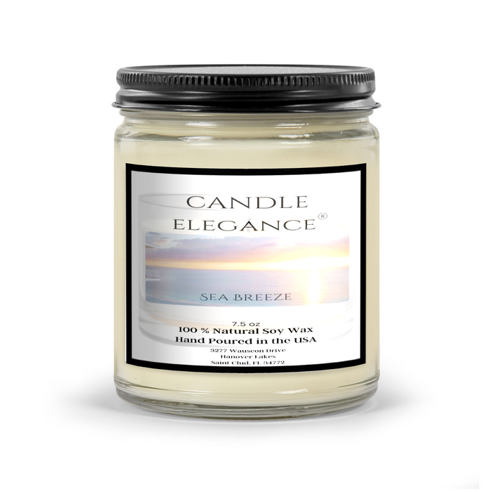 Experience the invigorating scent of Sea Breeze. Our handcrafted 7.5 oz candle features a powerful blend of citrus, lavender, cedarwood, jasmine, patchouli, crushed rosemary, and oakmoss for a refreshing aroma. Made with 100% natural soy wax, labeled and shipped upon order. Made in the USA.