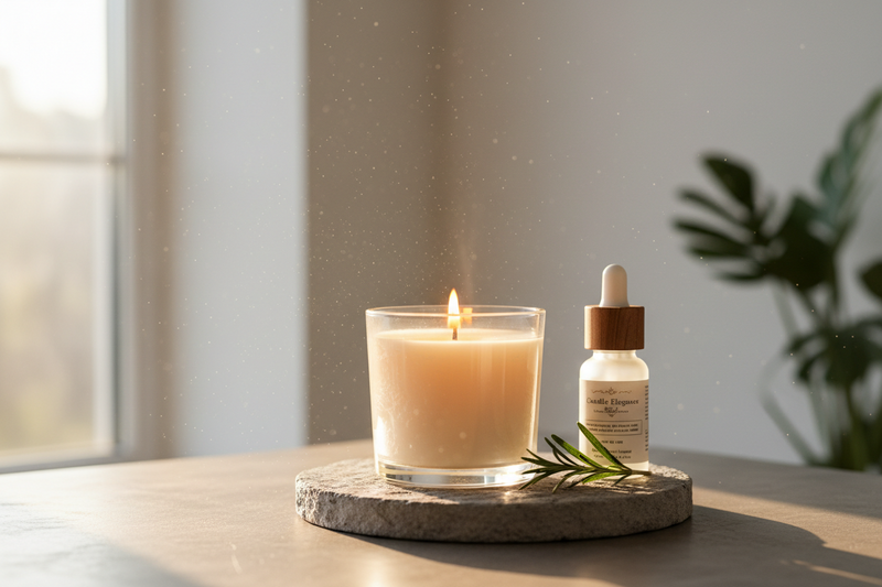 A lit organic beeswax candle emitting a warm glow in a sunlit, clean room, symbolizing air purification and the natural clarity of USDA organic ingredients.