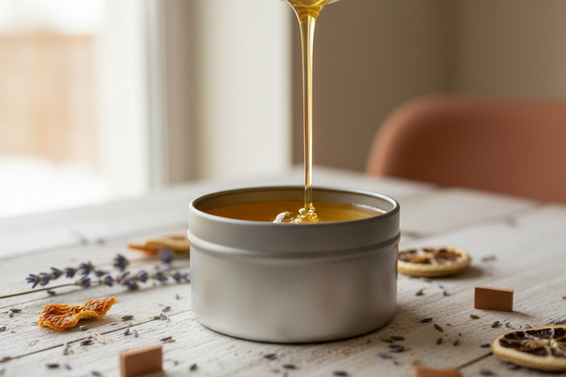 A close-up, artisan-style photograph capturing liquid golden USDA Certified Organic Beeswax being steadily hand-poured into a metal tin. A single, centered cotton wick is set within the tin.