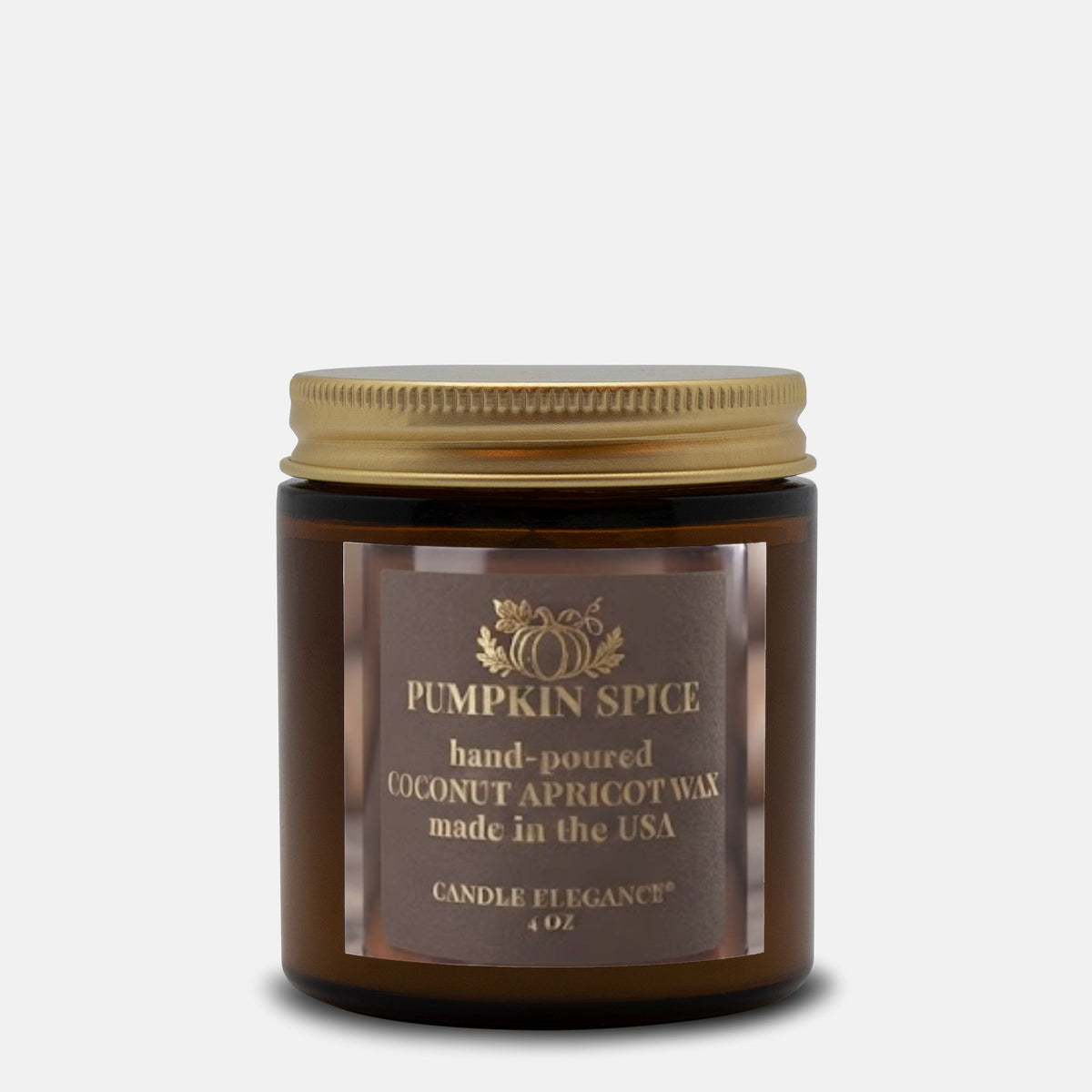 A 4 oz amber glass jar candle with a gold metal lid and a brown label reading 'Pumpkin Spice' by Candle Et Egance, set against a light gray background.