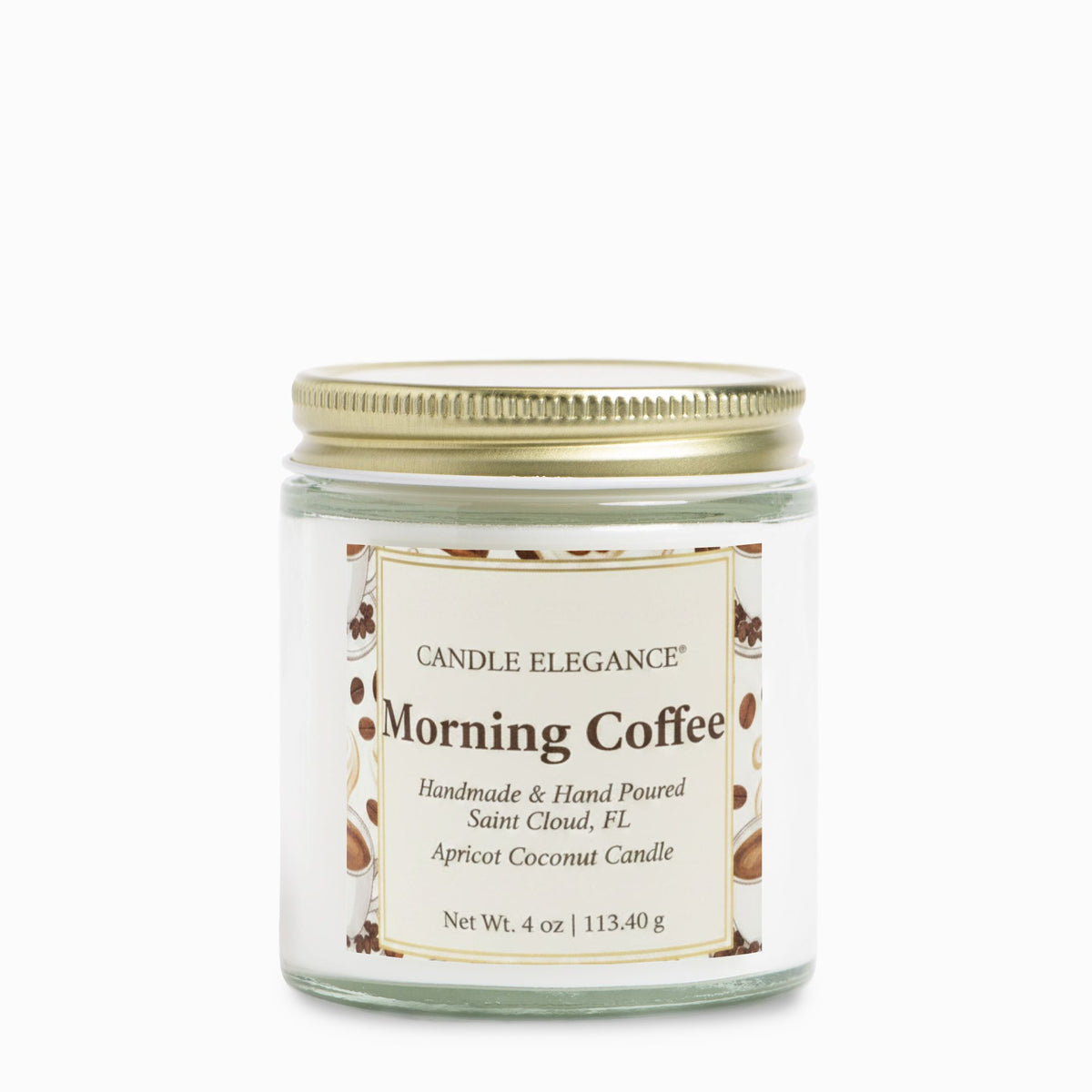 A 4 oz glass jar candle with a gold metal lid and a cream label reading 'Candle Elegance Morning Coffee' on a plain white background.
