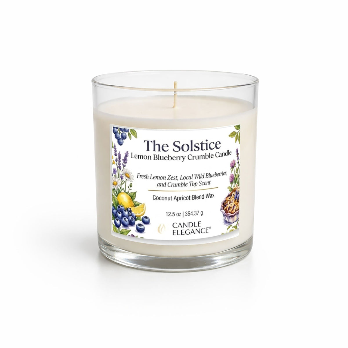A 12.5 oz scented candle in a clear glass jar with a white wax fill and a single wick.