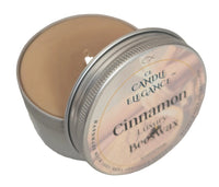 4 oz organic beeswax travel candle in a tin, scented with a warm cinnamon essential oil blend.