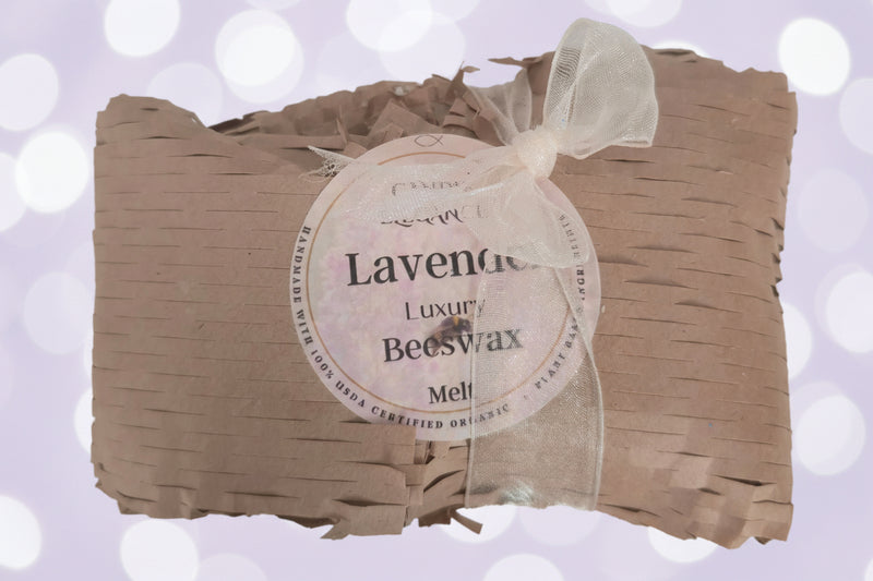 Beeswax melt bar wrapped in brown paper with a label on a white background