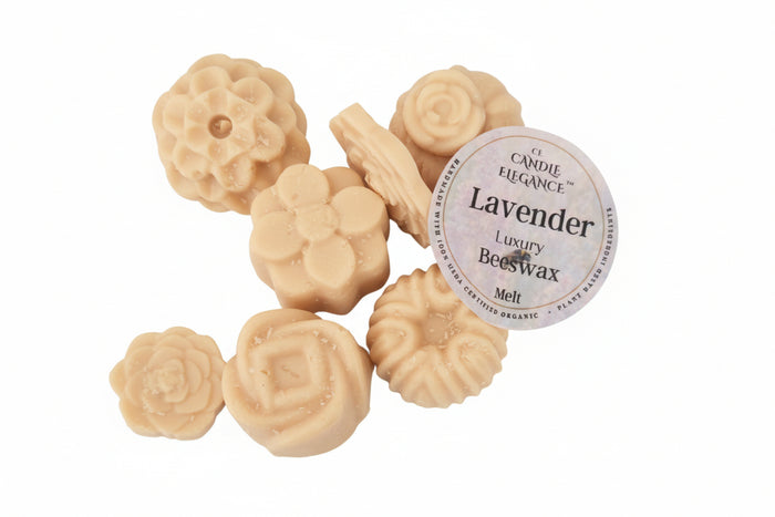 Lavender luxury beeswax melt with a label on a wooden surface