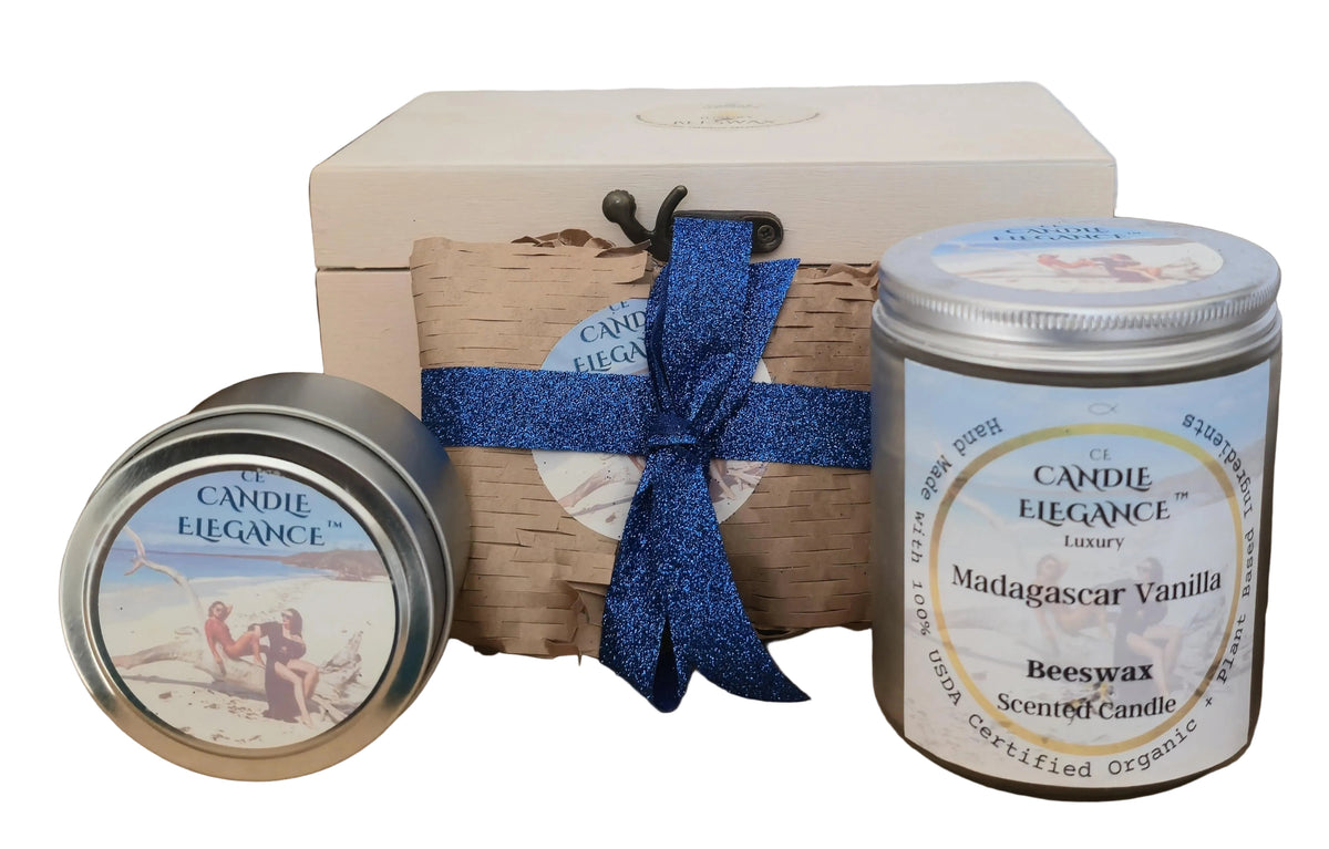 Candle Elegance Madagascar gift box includes images of travel candle wax melts and Reusable Glass candle with silver screw top