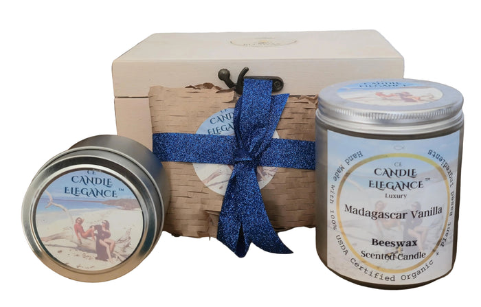 Candle Elegance Madagascar gift box includes images of travel candle wax melts and Reusable Glass candle with silver screw top