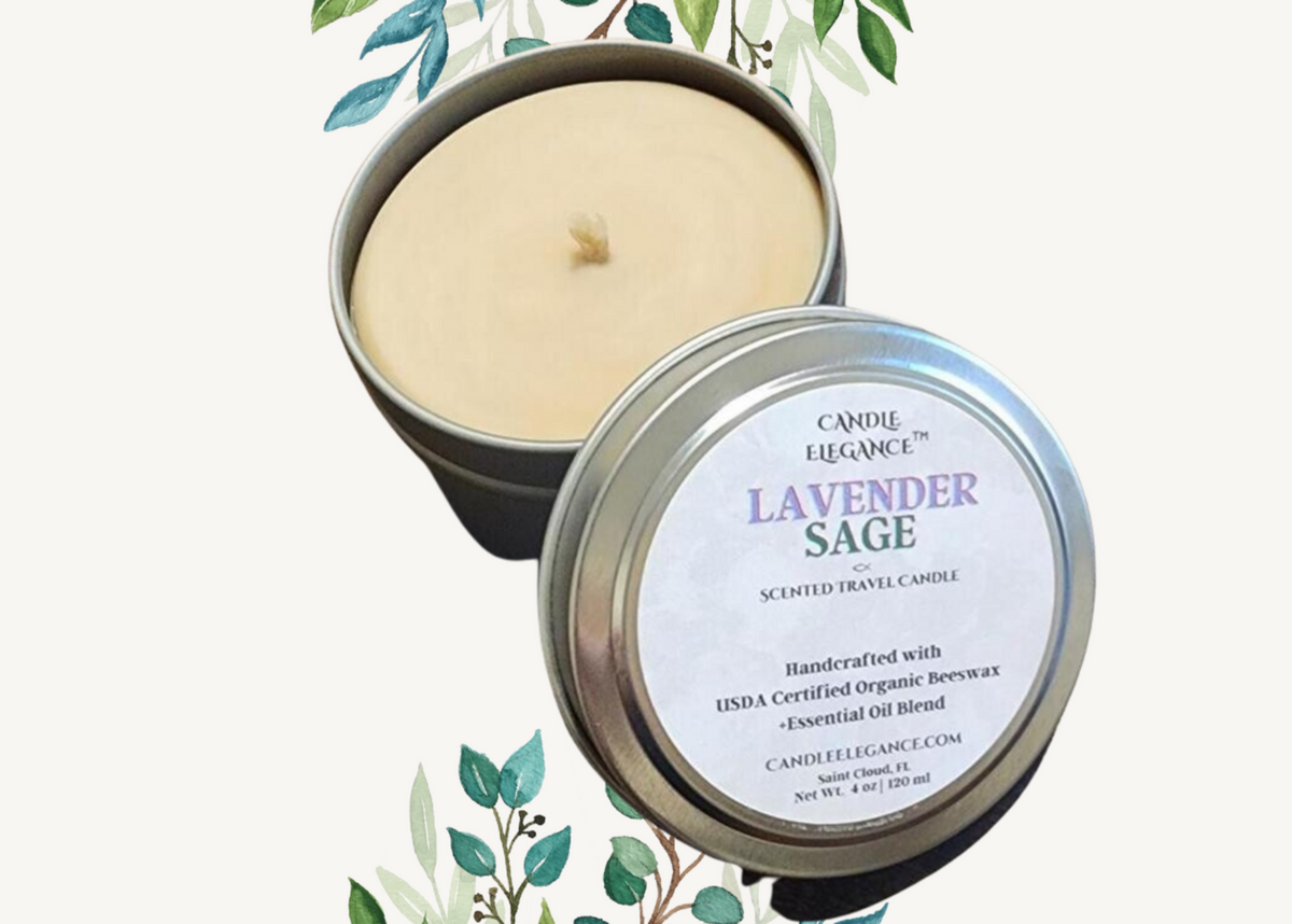 Lavender Sage travel candles. Candle Elegance uses 100% pure, USDA certified organic beeswax from local bee farmers to create hand-poured beeswax candles that are cruelty-free. Beeswax candles burn longer and brighter than other candles, without any additives, chemicals, or fillers.