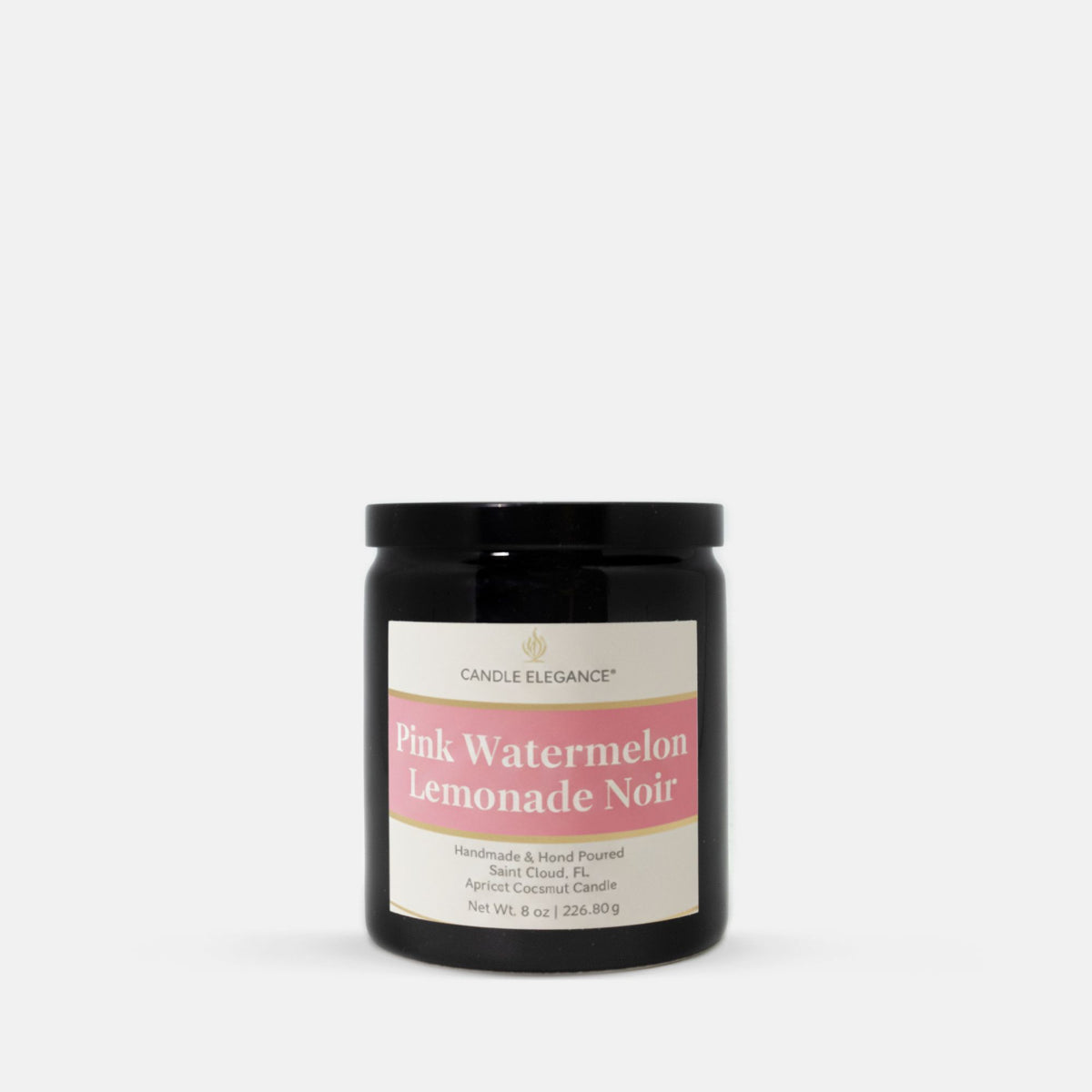A black glass jar candle with a black lid and a cream label featuring pink text that reads 'Pink Watermelon Lemonade Noir' by Candle Elegance, centered on a light gray background.