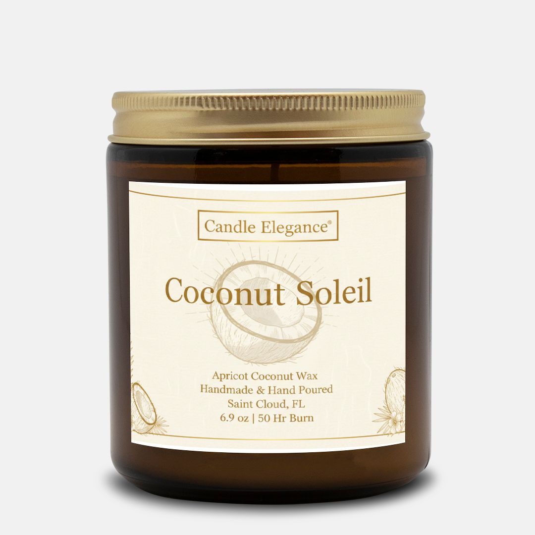 A Coconut Soleil scented candle by Candle Elegance in an amber glass jar with a gold metal lid and a cream-colored label, set against a light gray background.