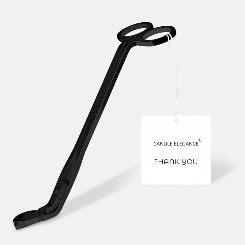 A black metal candle tongs or tool with a long handle and looped top, shown on a light gray background with a white hanging tag that reads 'CANDLE ELEGANCE THANK YOU'.