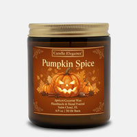 A Candle Elegance Pumpkin Spice scented candle in a dark amber glass jar with a gold metal lid and a brown label featuring a jack-o'-lantern illustration.