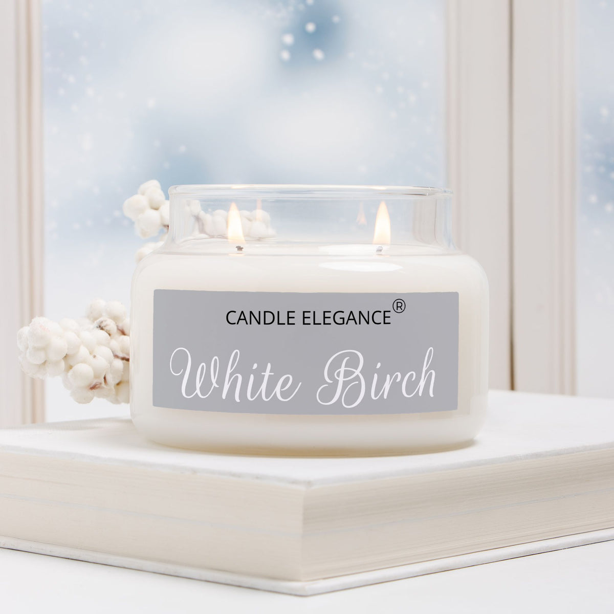 A lit double-wick candle in a clear glass jar with white wax sits on a white book in front of a softly blurred window. The front label reads 'CANDLE ELEGANCE' and 'White Birch'.