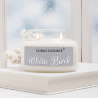 A lit double-wick candle in a clear glass jar with white wax sits on a white book in front of a softly blurred window. The front label reads 'CANDLE ELEGANCE' and 'White Birch'.