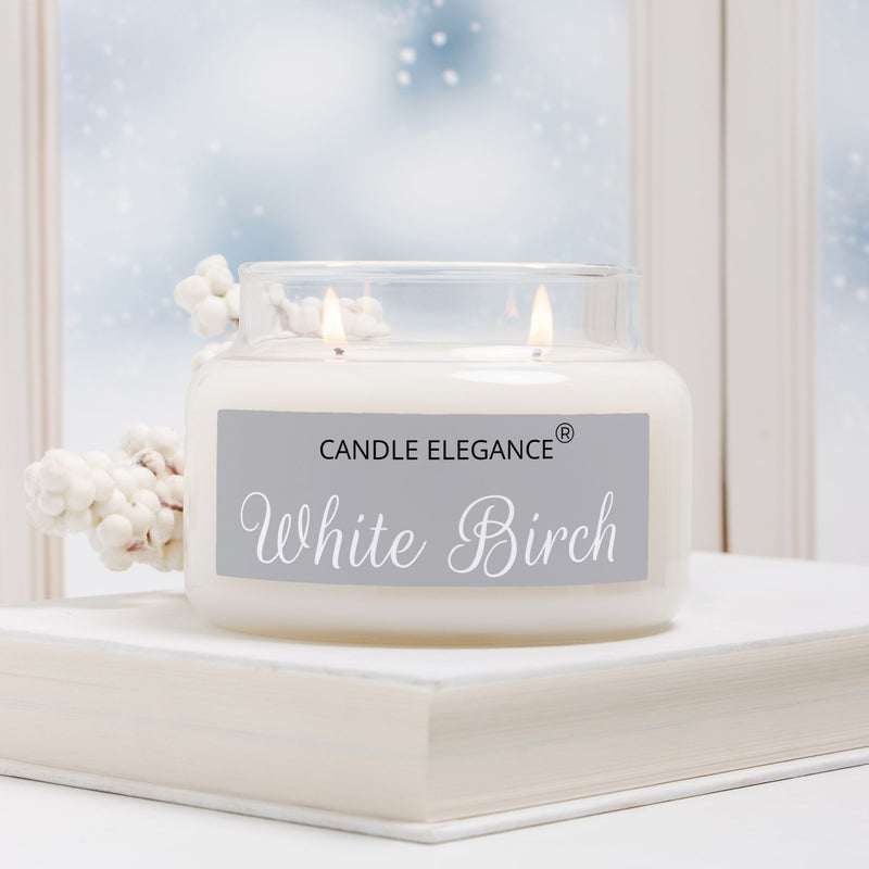 A lit double-wick candle in a clear glass jar with white wax sits on a white book in front of a softly blurred window. The front label reads 'CANDLE ELEGANCE' and 'White Birch'.
