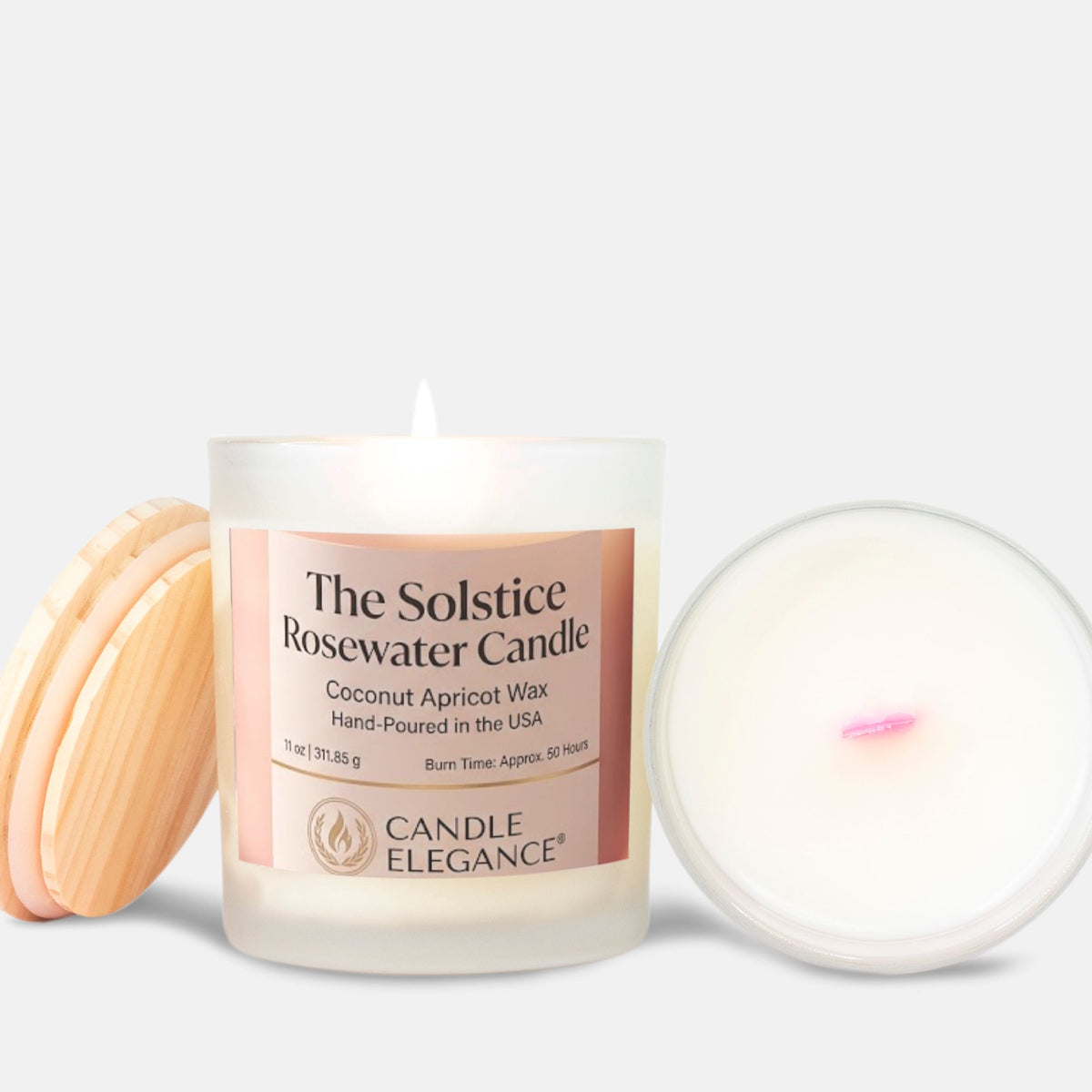 A lit white glass candle jar labeled 'The Solstice Rosewater Candle' by Candle Elegance, shown with a light wood lid on the left and the open wax pool on the right against a light gray background.