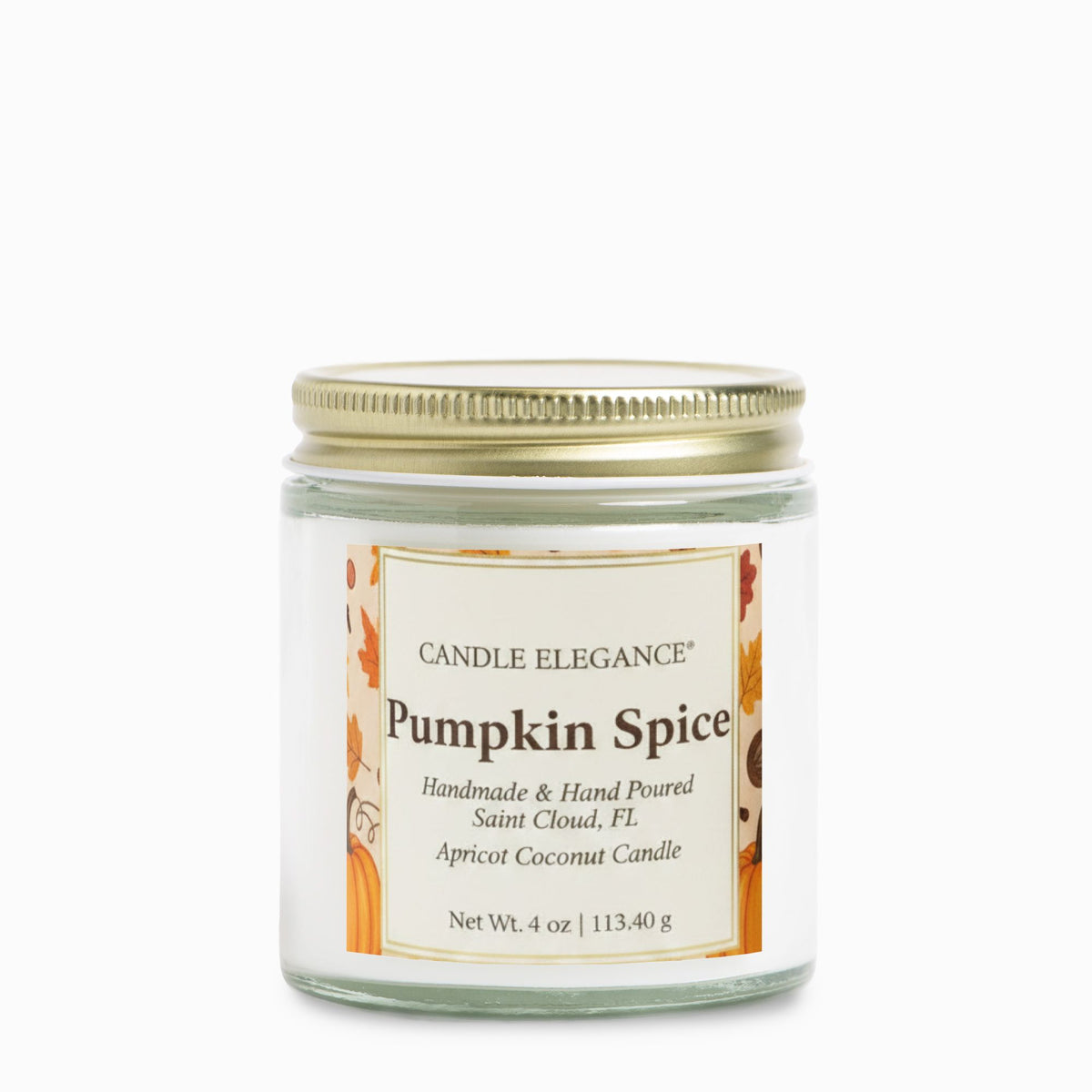 A 4 oz glass jar candle with a gold metal lid and a cream label reading 'Candle Elegance Pumpkin Spice' on a plain white background.