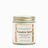 A 4 oz glass jar candle with a gold metal lid and a cream label reading 'Candle Elegance Pumpkin Spice' on a plain white background.