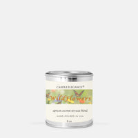 An 8 oz metal tin candle from Candle Elegance, named WildFlowers, with a cream label featuring butterflies and orange lettering, set against a plain light gray background.