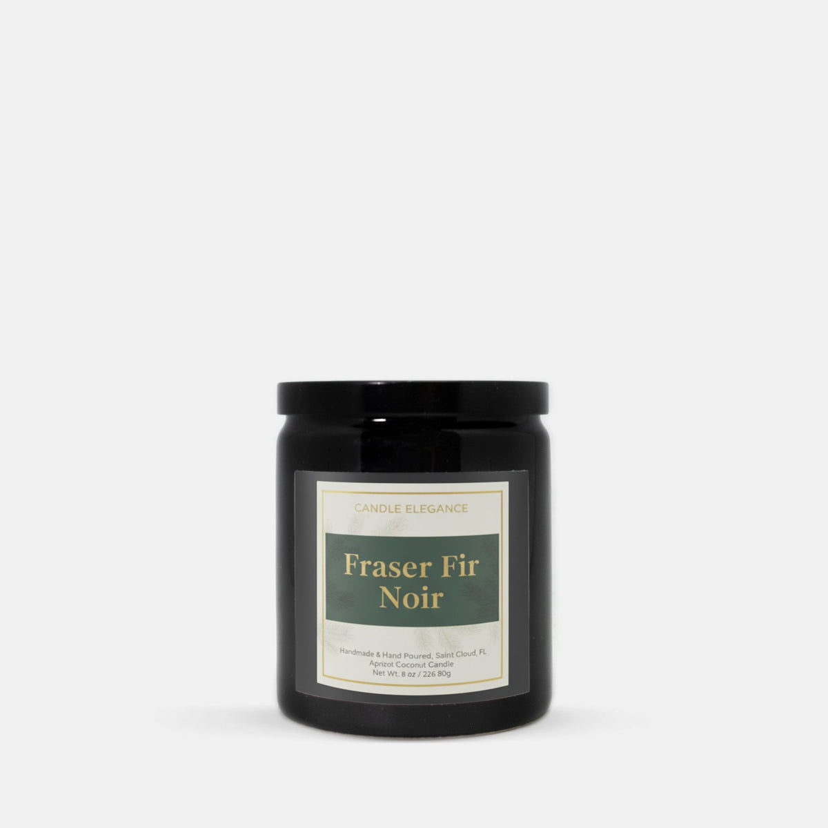 A black glass jar candle with a black lid and a cream label reading 'Candle Elegance' and 'Fraser Fir Noir', centered on a light gray background.