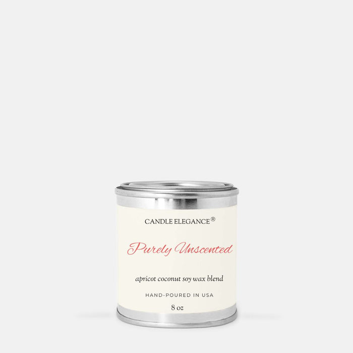 A small cylindrical metal candle tin with a cream label reading 'Candle Elegance Purely Unscented' on a light gray background.
