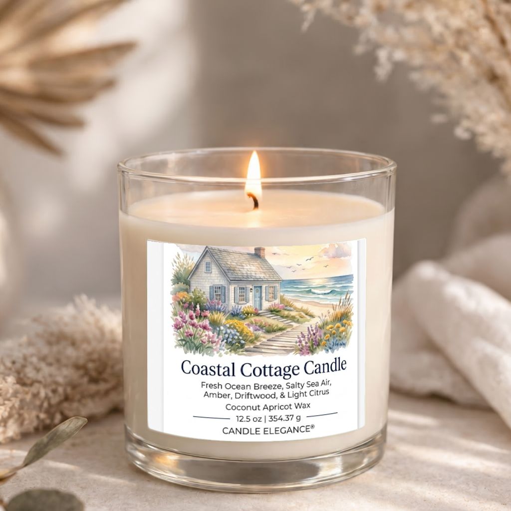 A lit candle in a clear glass jar with a white wax fill and a front label reading 'Coastal Cottage Candle' by Candle Elegance. The label shows a painted coastal cottage scene.