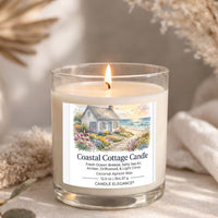 A lit candle in a clear glass jar with a white wax fill and a front label reading 'Coastal Cottage Candle' by Candle Elegance. The label shows a painted coastal cottage scene.