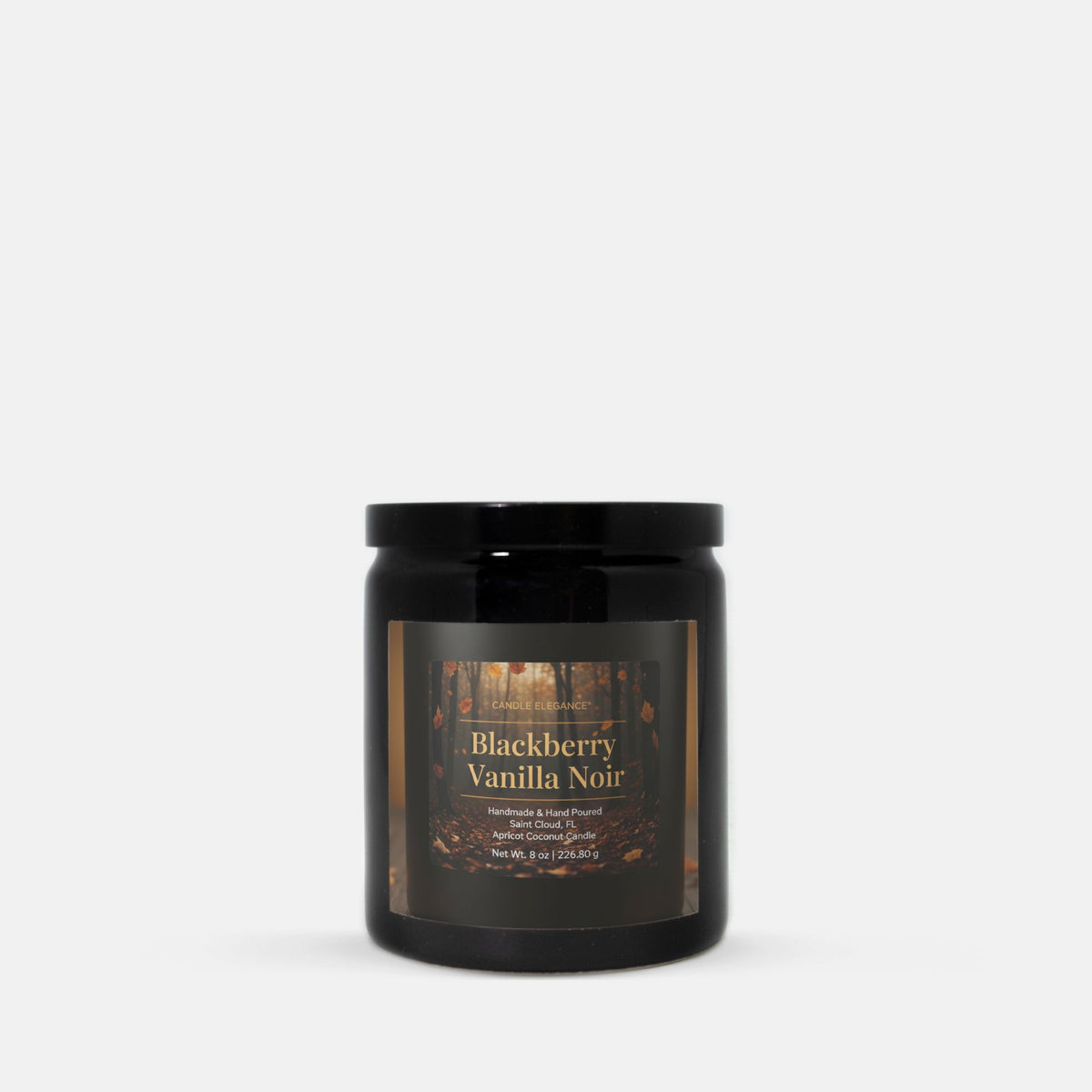 A black glass jar candle with a black lid and a dark label reading 'Blackberry Vanilla Noir' on a light gray background.