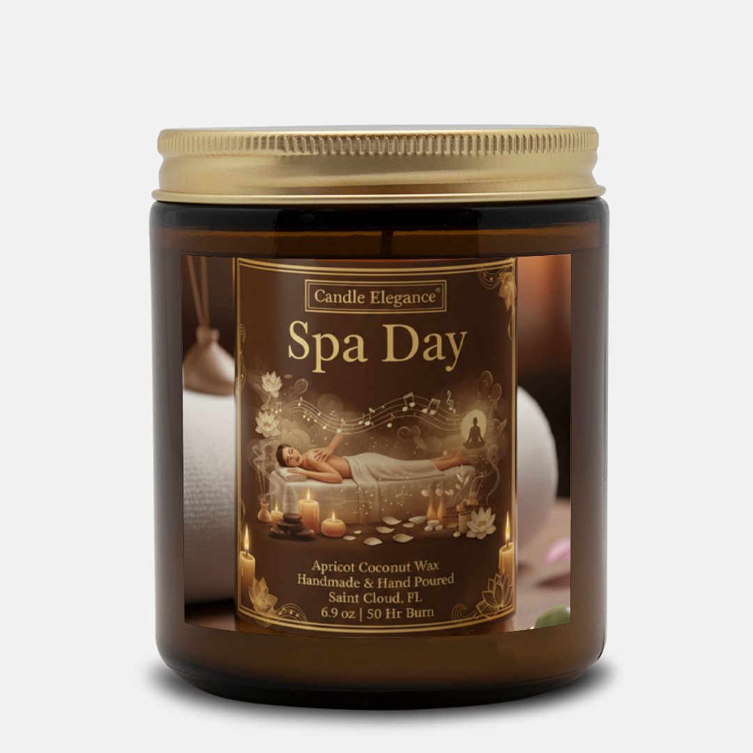 An amber glass jar candle with a gold lid and a decorative label reading 'Spa Day' by Candle Elegance, shown on a light gray background.