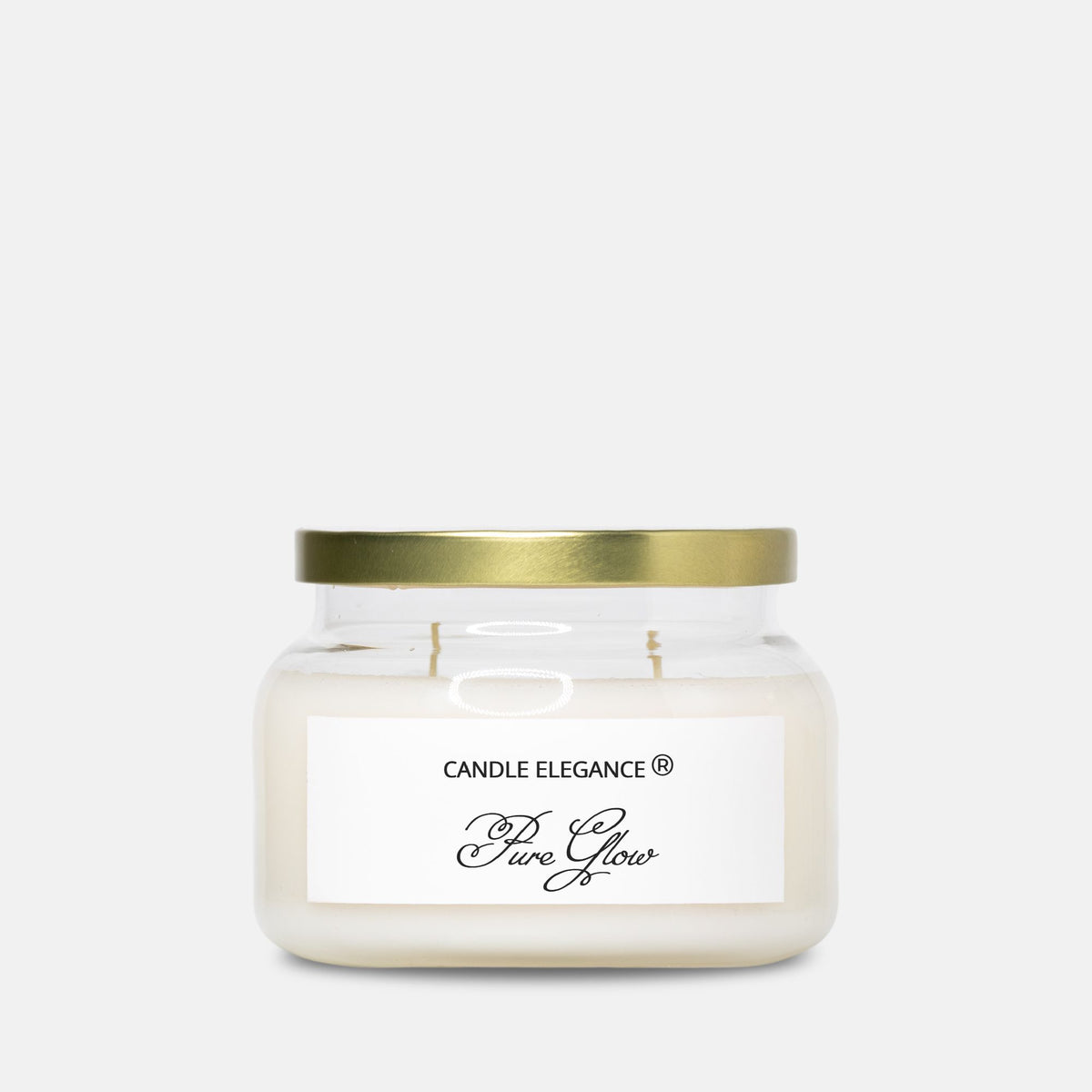 A jar candle with cream-colored wax, a white label reading 'CANDLE ELEGANCE Pure Glow', and a metallic gold lid, set against a plain light gray background.