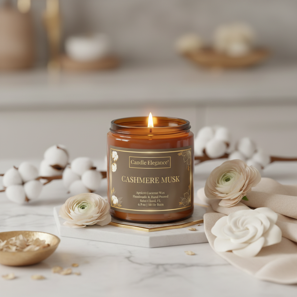 An amber glass jar candle with a lit flame sits on a white marble block, surrounded by white flowers, cotton bolls, and soft neutral decor in a styled indoor setting. The front label reads Candle Elegance and Cashmere Musk.