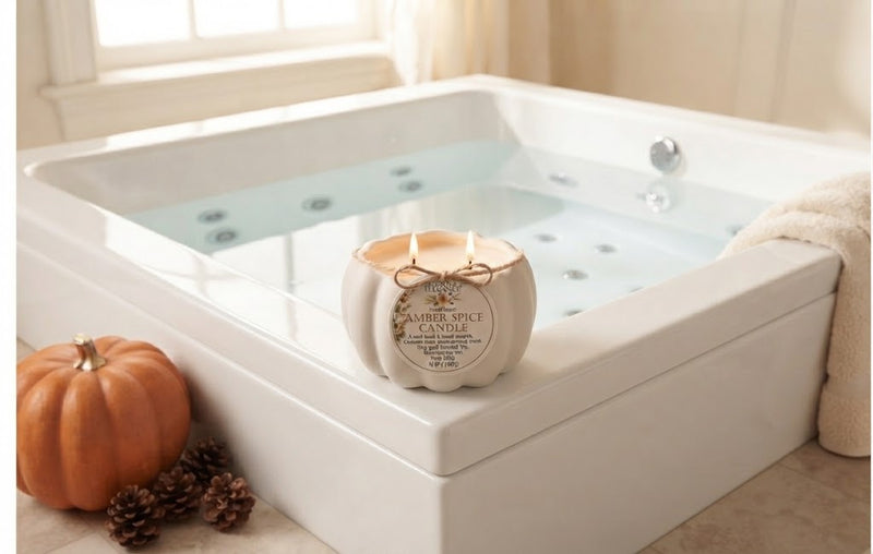 A pumpkin-shaped candle labeled 'Caramel Spice Candle' sits on the edge of a white hot tub with water running, alongside a small orange pumpkin and pinecones in a bathroom setting.