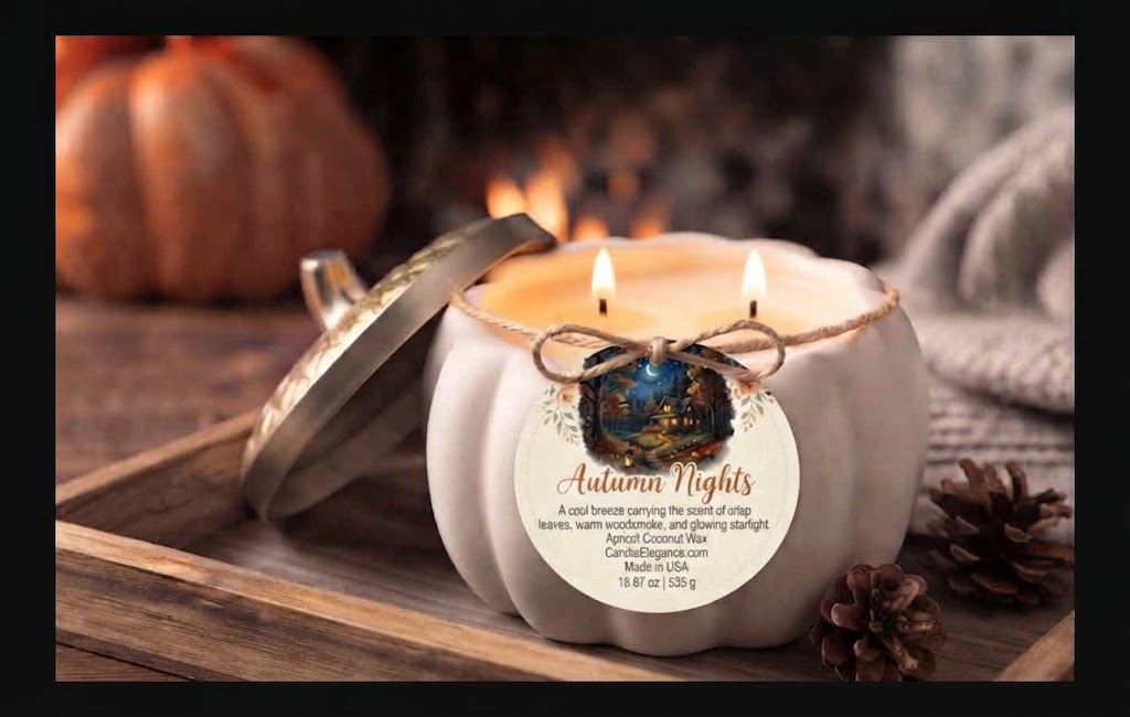 A white pumpkin-shaped candle with a metal lid leaning beside it, lit with two flames. The candle has a round paper label reading 'Autumn Nights' and is styled on a wooden surface with pinecones, a blurred pumpkin, and a cozy fireplace background.