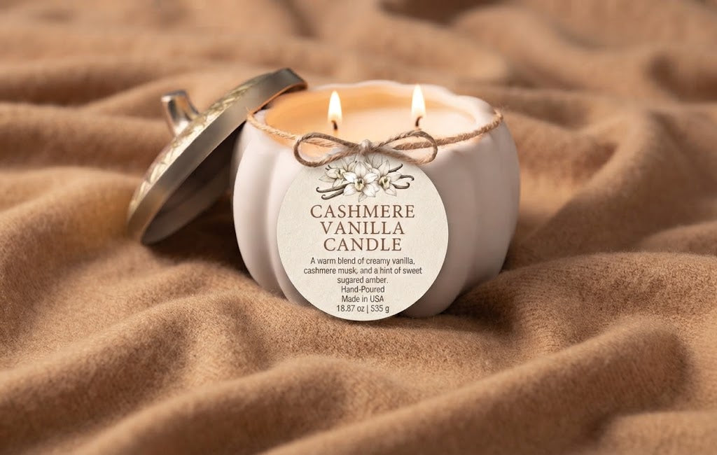 A lit double-wick candle in a white ceramic jar with a silver lid resting beside it on a soft brown fabric background. The front label reads 'CASHMERE VANILLA CANDLE' with a small decorative illustration above the text.