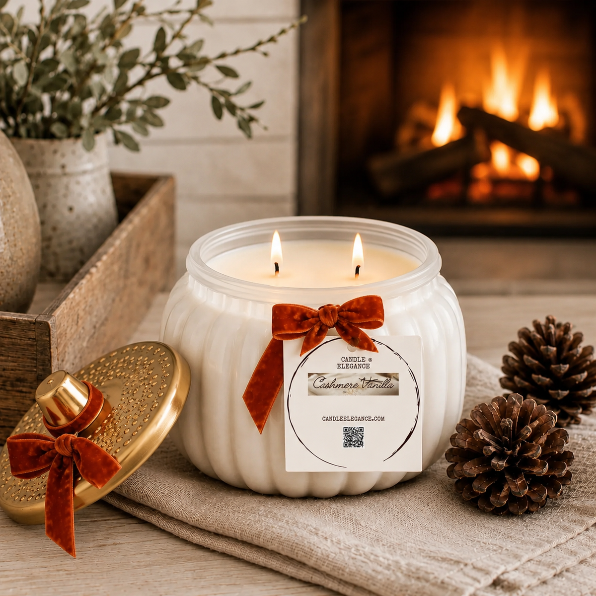 A Candle Elegance white ribbed glass jar candle with two lit wicks, tied with a rust-brown velvet bow and a white product label, placed on a beige cloth beside a gold lid. A cozy fireplace with logs burns in the background, with pinecones and a rustic tray nearby.