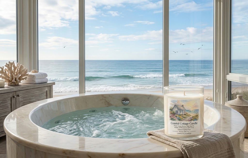 A Coastal Cottage Candle in a clear glass jar sits on a beige towel beside a marble hot tub with ocean water and a beach view through large floor-to-ceiling windows.