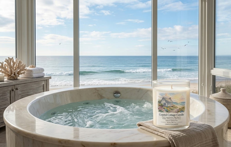 A Coastal Cottage Candle in a clear glass jar sits on a beige towel beside a marble hot tub with ocean water and a beach view through large floor-to-ceiling windows.