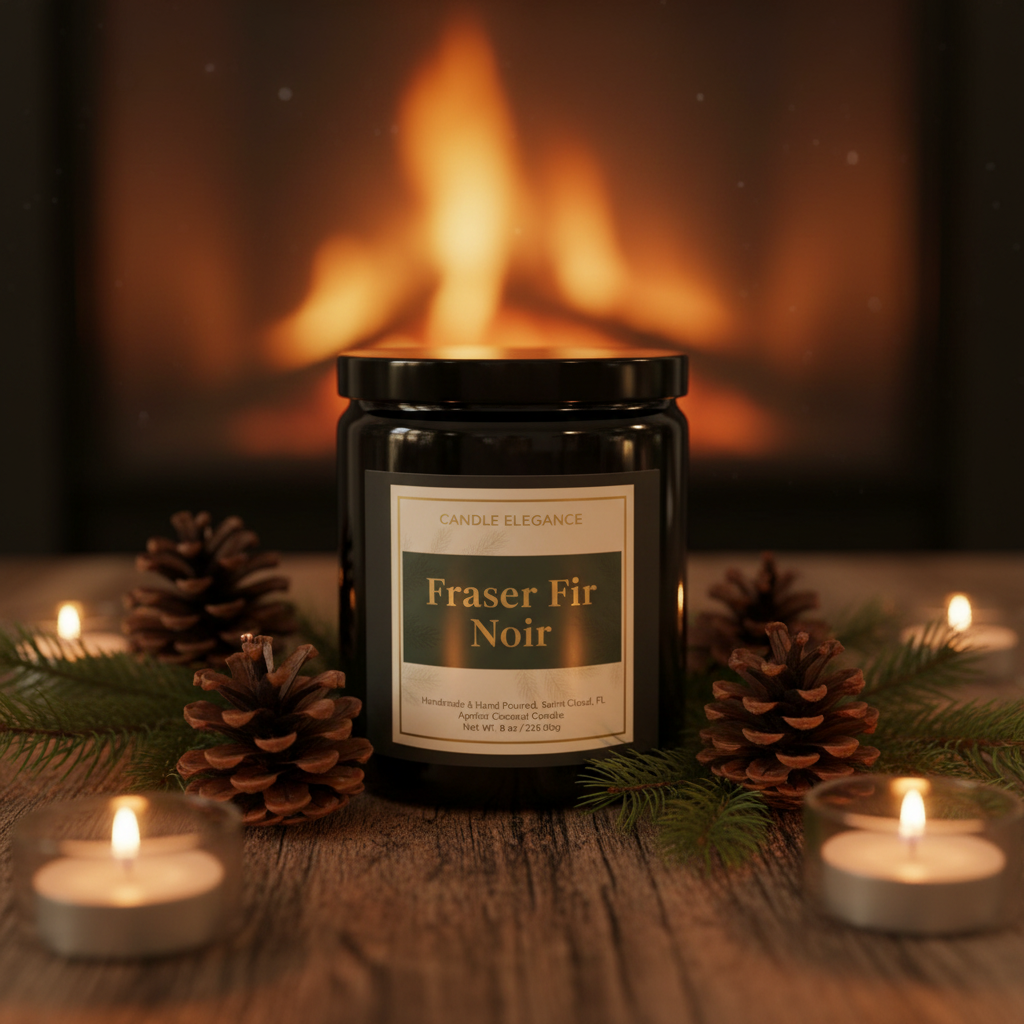 A black glass jar candle labeled 'Candle Elegance Fraser Fir Noir' sits on a wooden surface with pinecones, evergreen branches, and lit tealights, with a blurred warm fireplace in the background.