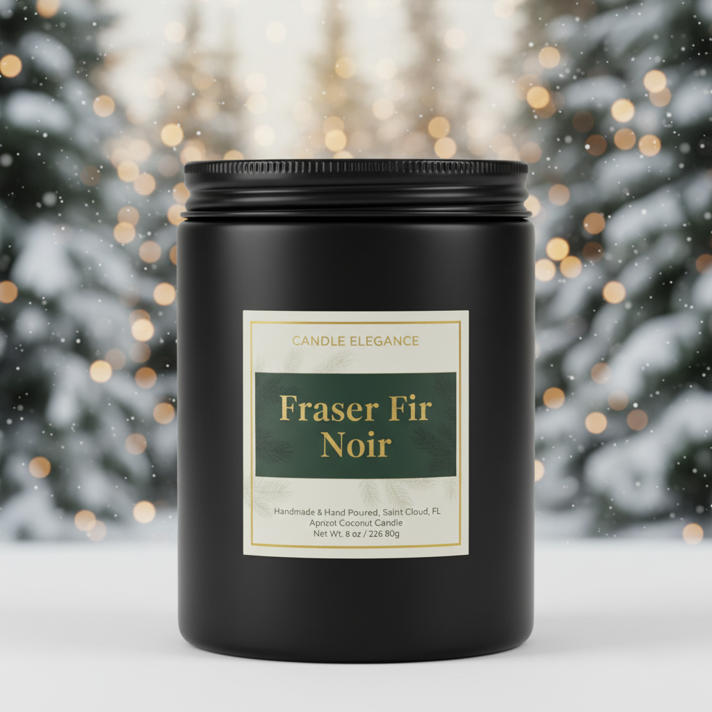 A black glass jar candle with a black lid and a cream label reading 'Candle Elegance' and 'Fraser Fir Noir,' set against a blurred festive holiday background with snow and warm lights.