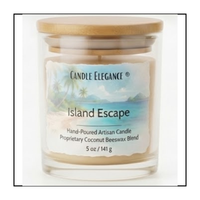 A 5 oz Candle Elegance 'Island Escape' hand-poured artisan candle in a clear glass jar with a light wood lid, featuring a tropical beach illustration on the label.