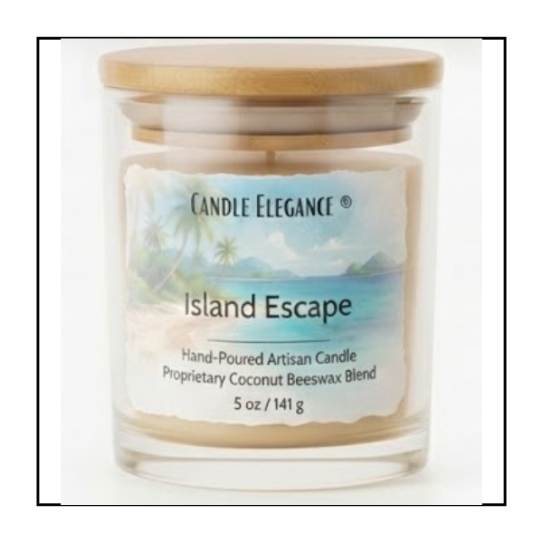A 5 oz Candle Elegance 'Island Escape' hand-poured artisan candle in a clear glass jar with a light wood lid, featuring a tropical beach illustration on the label.