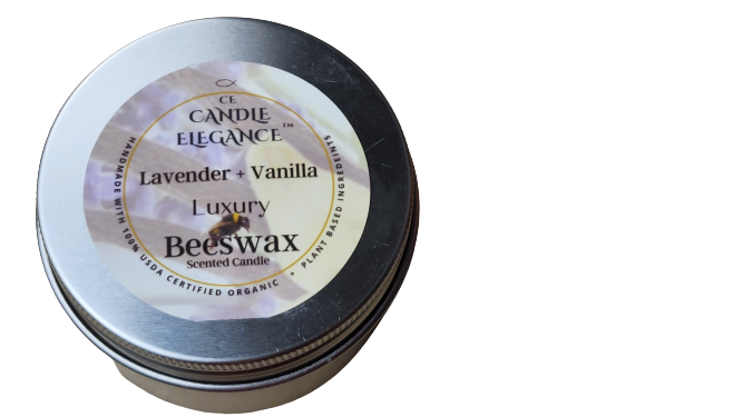 Candle Elegance lavender vanilla scented beeswax candle in a tin on a white background